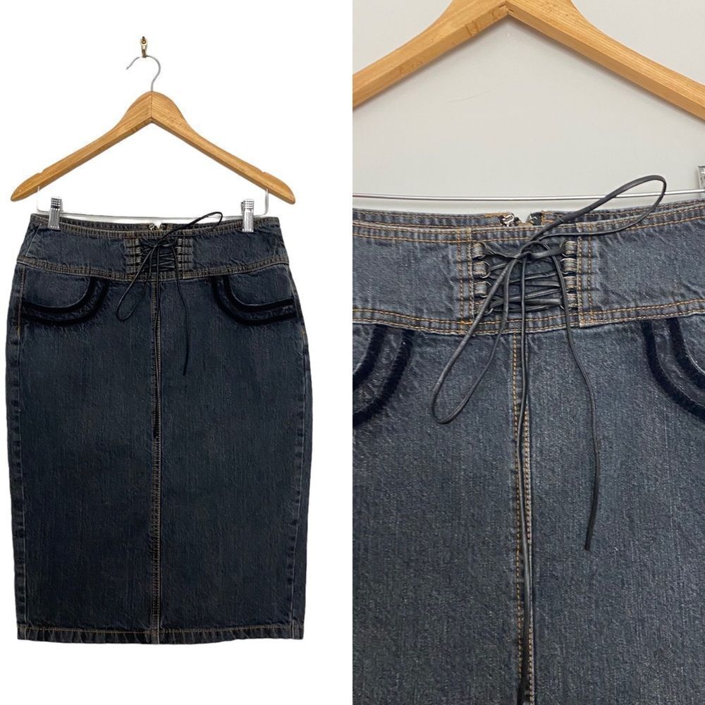 Vintage Y2K Grunge Edgy Punk Dark Denim Skirt Leather Lace Up & Velvet Trim Sz 6